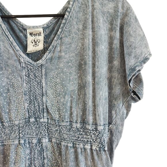 Vocal Gray Mineral Wash Short Sleeve Bedazzled Rhinestone Y2K Top Size Large - Picture 4 of 9